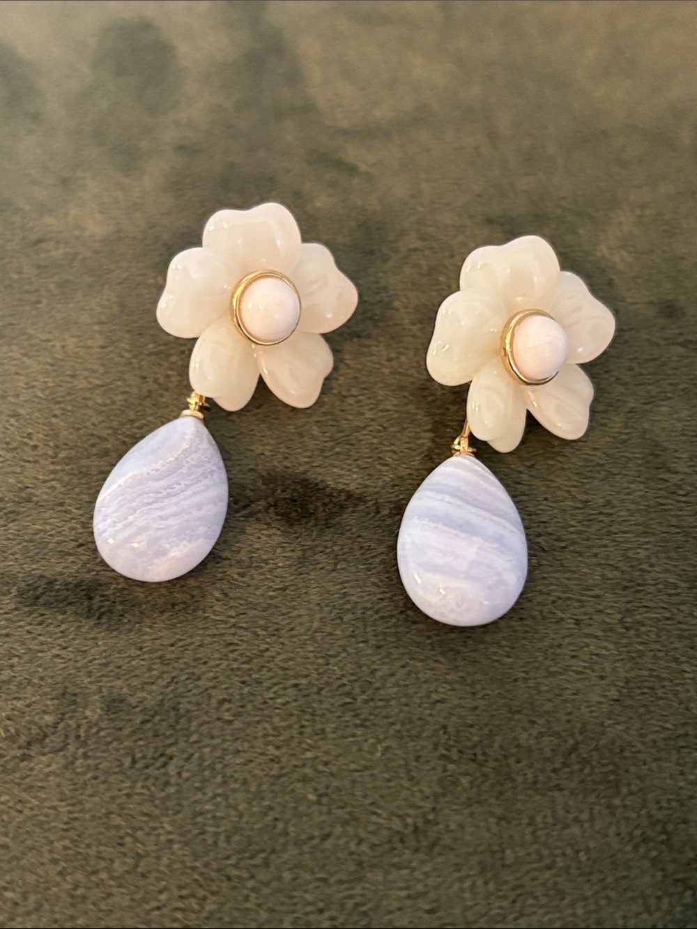 White Flower Drop Earrings with Pale Blue Teardrops